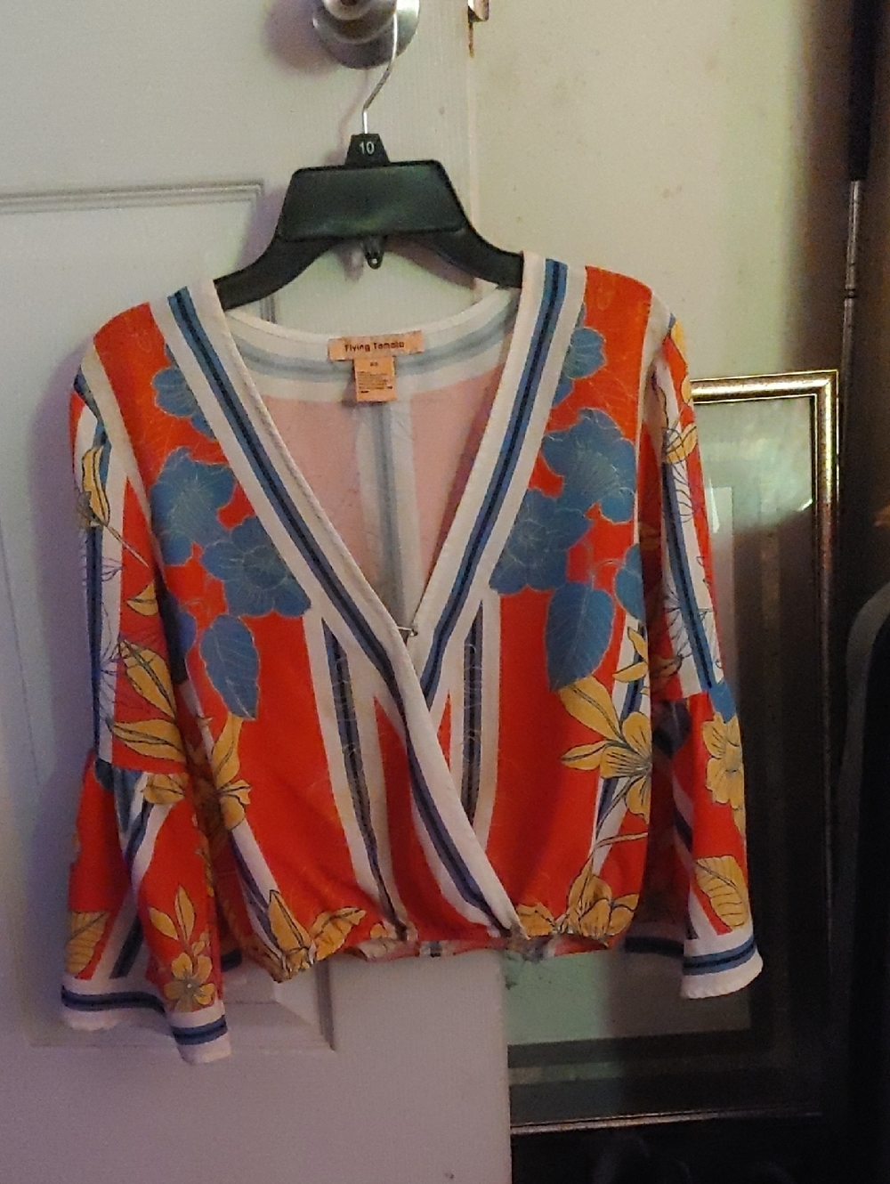 Trina Turk Bright Orange Floral V-Neck Wrap Blouse with Blue and Yellow Print